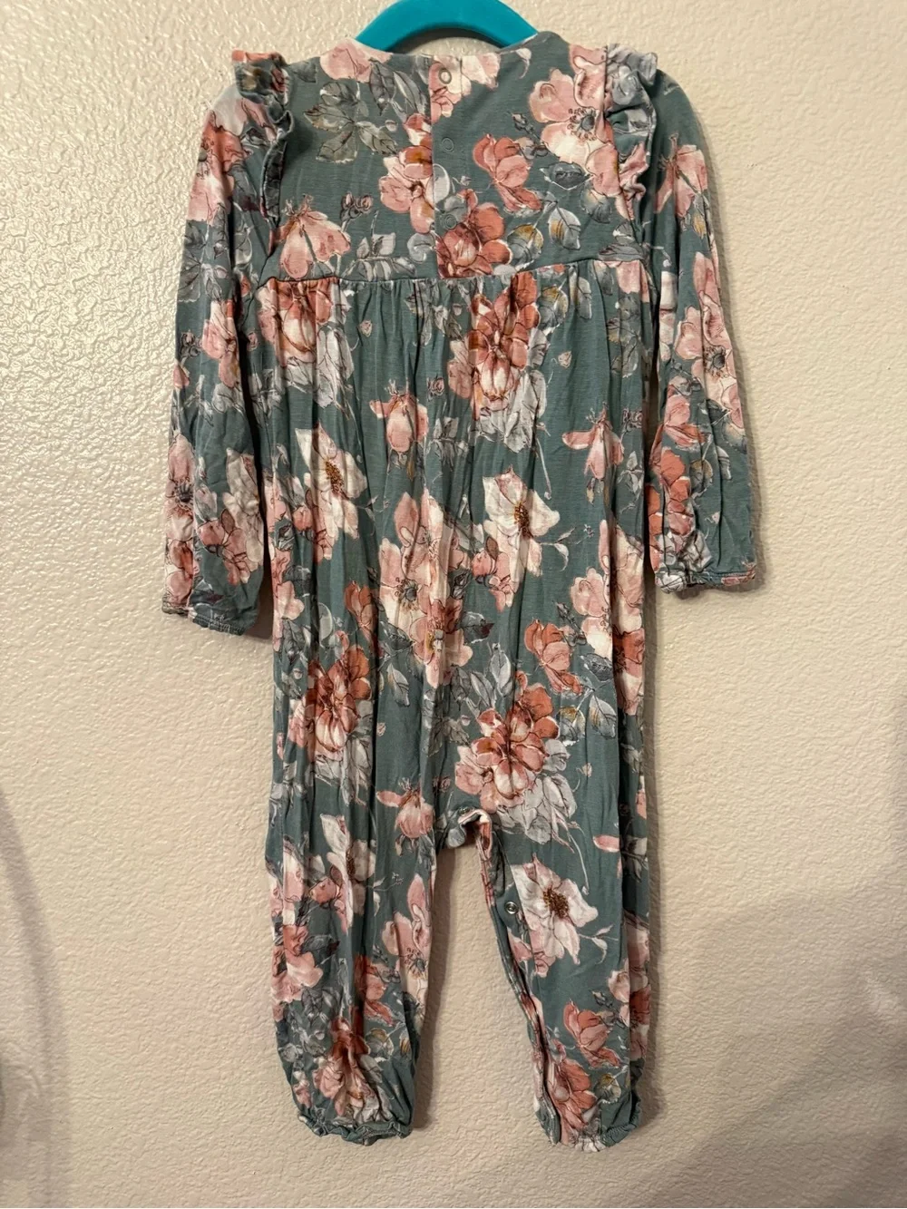 Angel Dear Floral Long-Sleeve One-Piece Romper in Sage Green and Blush